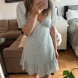 Lulus Flirtatious Fit Light Blue Floral Print Puff Sleeve Mini Dress